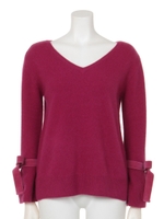 ベロアリボンフレアスリーブニット(ラズベリー、ネイビー)/ラズベリー