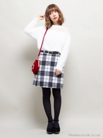 ベルト付シャギーチェック台形/スカート/オフホワイト/グレー
