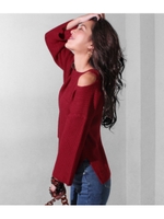 【Latina】オープンショルダーカシミアタッチリブトップス/ワイン(026)