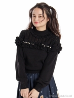 パール風ビーズ付きフリルニット/ブラック