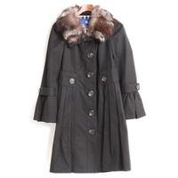 フォックスファー装飾裏地チェックベルスリーブロングコート 36 バーバリーブルーレーベル 74579 BURBERRY BLUE LABEL ブラック レディース