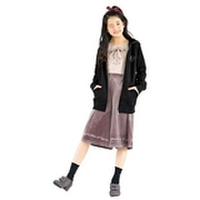 【50%OFF】部分ベロア使いネコ耳フードジップロング裏毛パーカー