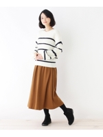 【セットアイテム】Vネックニット+ギャザースカート/ホワイトネイビーボーダー×キャメル(041)