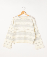 ラメ柄編み袖フリンジニット