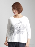 40/−ハイゲージ天竺線画フラワー刺しゅうカットソー/ホワイト