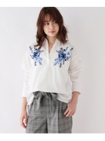 フラワー刺繍スキッパーブラウス/ホワイト系(002)