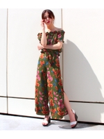 リーフ柄オフショルトップス×ワイドパンツSET/グリーン(012)