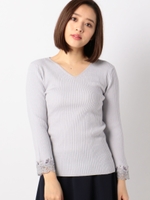袖レースVネックニット/ライトブルー