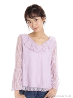 花柄レースフリルカットソー/ムラサキ