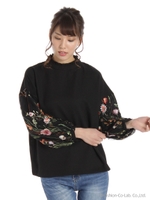 チュール花刺繍ハイネックブラウス/クロ