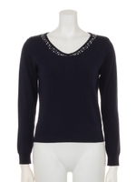 Ｖネックビジューニットプルオーバー/ネイビー