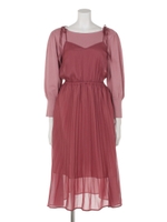 プリーツワンピース×ボリュームスリーブニットセット/ワイン