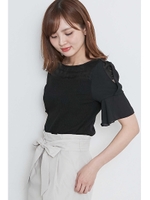 ◆フラワーリブテレコベル5分袖カットソー/ブラック(010)