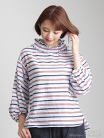 コットンシルクドビーボーダーシャーリングブラウス/ボルドー