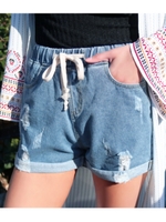 ウエストギャザーダメージデニムショートパンツ/ブルー(019)