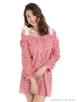 ギンガム肩りぼんワンピース/レッド