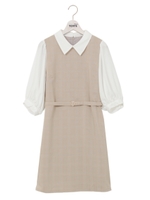 ベルト付７分袖衿付ワンピ/ベージュチェック