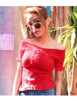 【ANAP】シャーリングレースアップオフショルトップス/レッド(025)