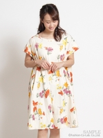 30/天竺　フラワーペイントプリント製品染め　ワンピース/生成