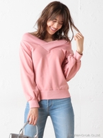 デザインスリーブ2WAY裏毛トップス/ピンク