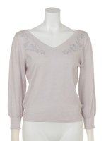 ラメコードフラワー刺繍ニットプルオーバー/ライトグレー