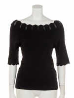 スカラネック前後2way5分袖リブニットプルオーバー/ブラック