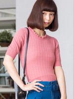 WEGO/スカシフリルハイネック5分袖ニット