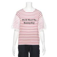 【50%OFF】ロゴ入りチュール重ねパフスリーブボーダーTシャツ