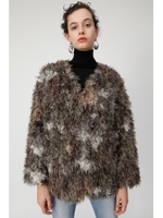 COLLARLESS CURLY FAUX FUR コート/柄BRN5