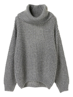 ・ワッフル編みオフタートルニットプルオーバー/杢グレー
