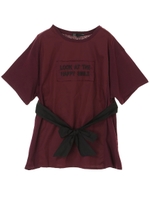 ・異素材切替ロゴ刺繍チュニック/ボルドー