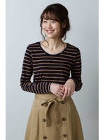 〈ウォッシャブル〉ウォームアップ ストレッチロンTシャツ/ネイビー×キャメルボーダー2(122)