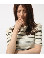 【AZUL BY MOUSSY】ボーダー5分袖ニットプルオーバー/柄WHT