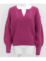 【Alluge】ケーブル編みキーネックショートニット/ピンク(008)