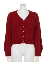 【F&A】モールヤーンポンポンケーブルニットカーディガン/RED
