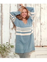 【MIMPI】カシミアタッチVネックニットボーダーワンピース/ライトブルー(038)