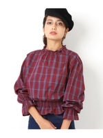 【Settimissimo】シフォンチェックハイネックトップス/ワイン(026)