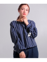 【Settimissimo】チェーンストライプサテンリボントップス/ネイビー(018)