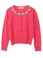 【カーディガン】ネックスパンコールクルーカーディガン/ローズピンク