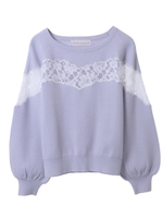 【ニット】レース刺繍ベア切替ニット/サックスブルー