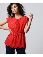 【洗える】エンブロイダリーレースアップブラウス/レッド(062)