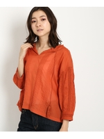 【洗える】コットンボイル7分袖刺繍レースブラウス/オレンジ(067)