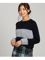 【洗える】フェザーヤーンブロッキングニットプルオーバー/ネイビー(593)