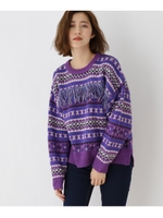 【洗える】フリンジフェアアイル柄ニット/パープル(183)