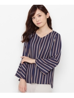 【洗える】ベルスリーブストライプシャツ/ブルー系(394)