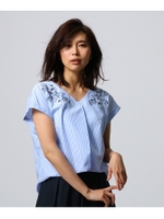 ◆【洗える】エンブロブロードブラウス/ライトブルー×ストライプ(391)