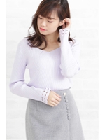◆ハートネック袖アイレットウェーブリブニット/ラベンダー(080)