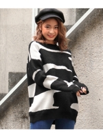 まだら柄ゆるニットトップス/ブラック(027)