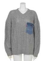 デニム ポケット ケーブル ニット/T/GRY