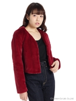 ノーカラーショートファーコート/レッド